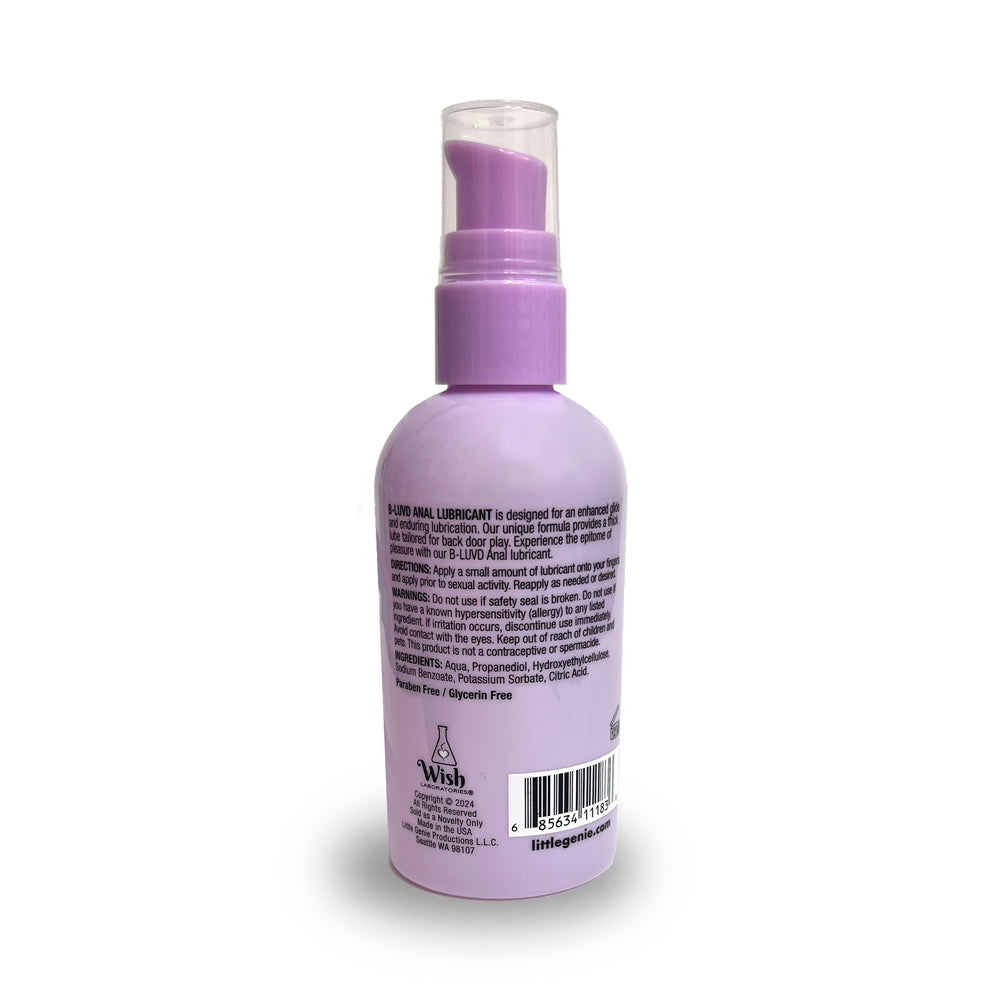 A lavender bottle of B-Luvd Anal Lubricant with a pump dispenser.