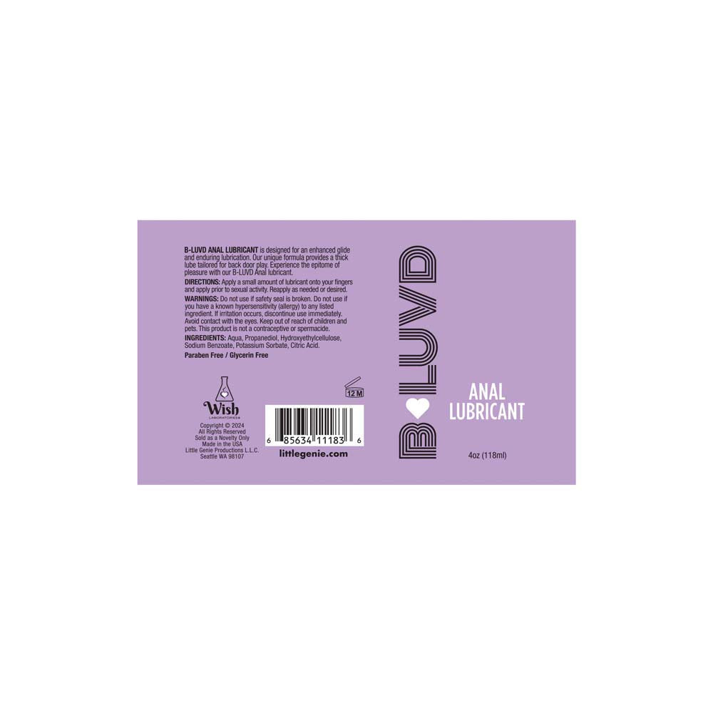 B-Luvd Anal Lubricant water-based gel in a 4oz bottle.