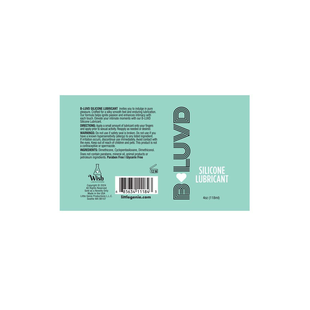 B-Luvd silicone lubricant in a 4oz bottle with product information.