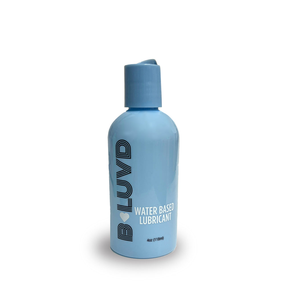 A light blue bottle of B-Luvd water-based lubricant with a blue cap.