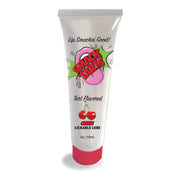 A tube of cherry lickable lube with a cartoon mouth and cherries.