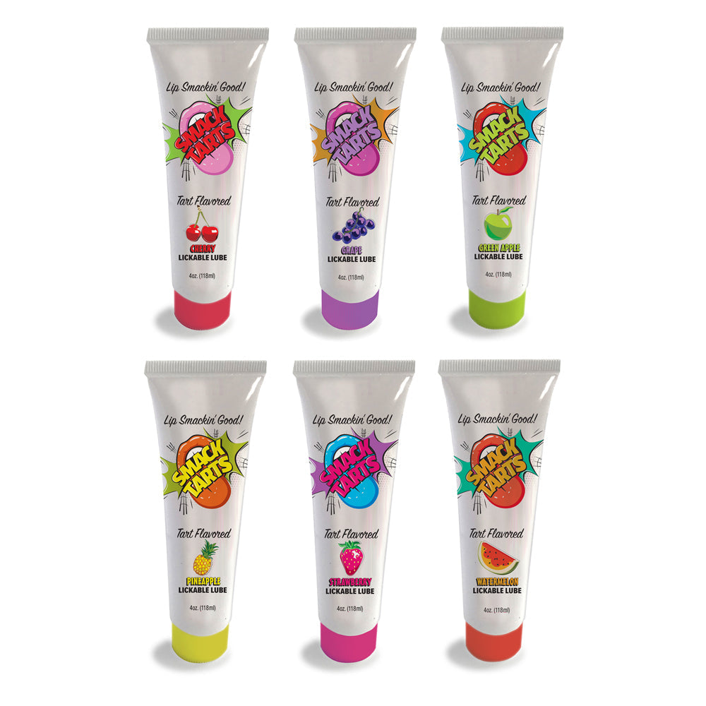 Six tubes of lickable lube in tart flavors: cherry, grape, green apple, pineapple, strawberry, and watermelon.