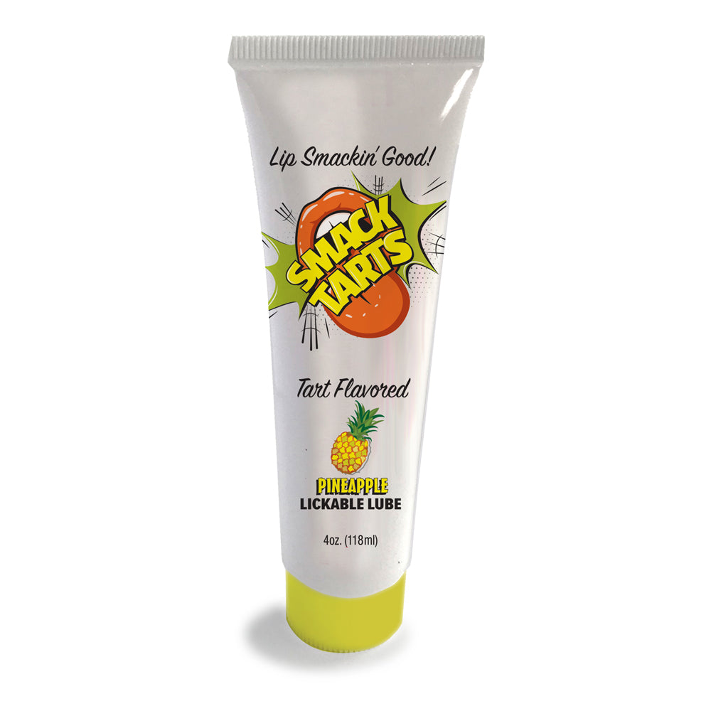 A tube of pineapple flavored lickable lube with a yellow cap.