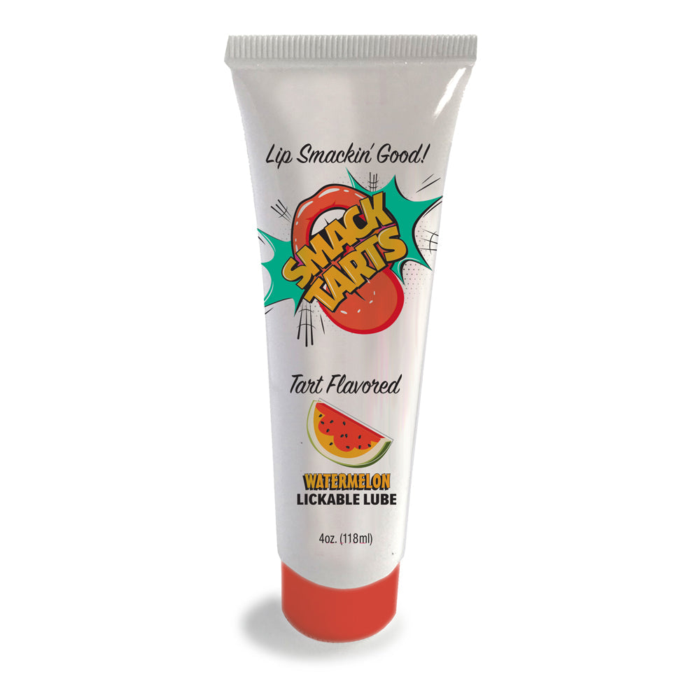 A tube of watermelon flavored lickable lube with a cartoon mouth graphic.
