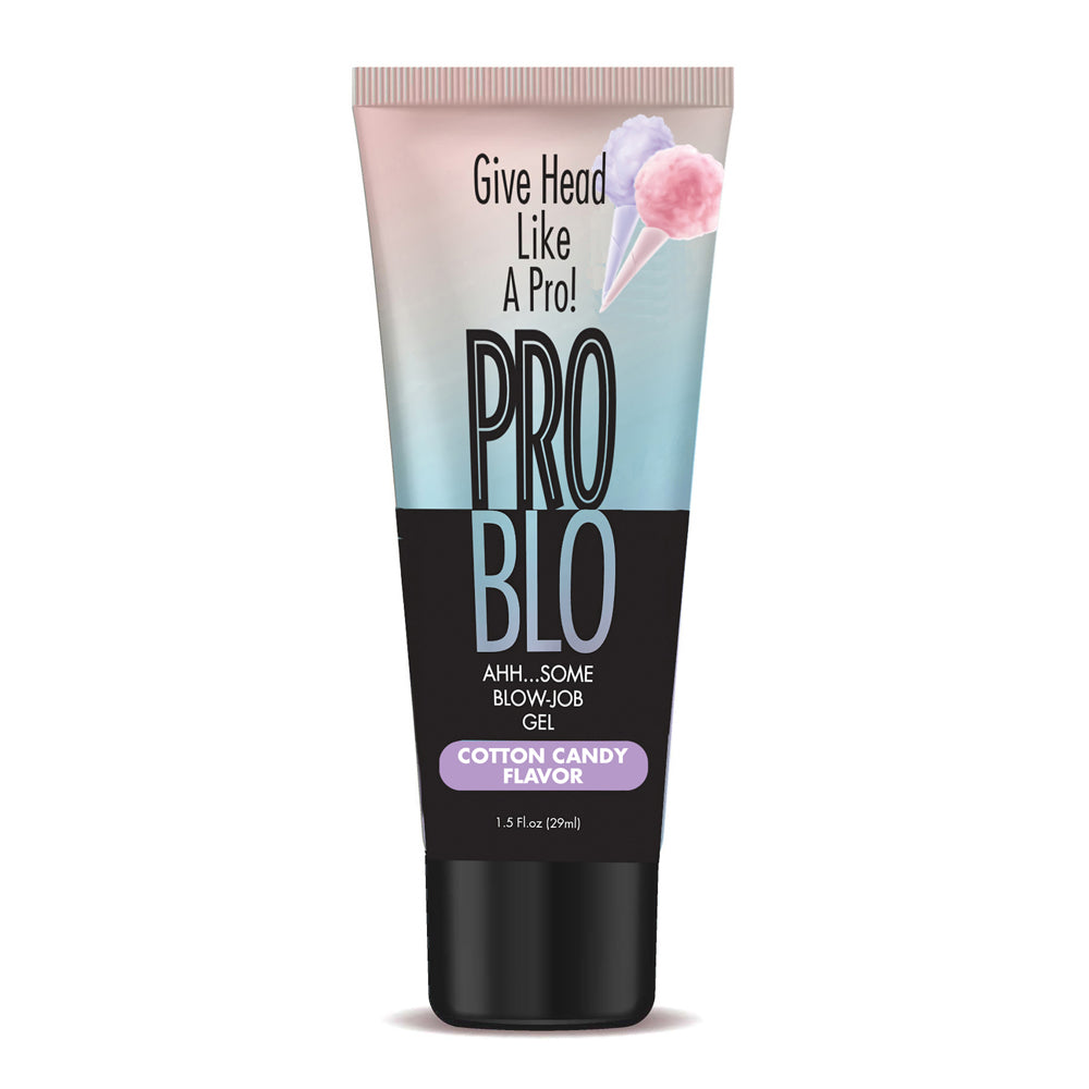 A tube of Pro Blo Cotton Candy flavored oral gel lubricant.