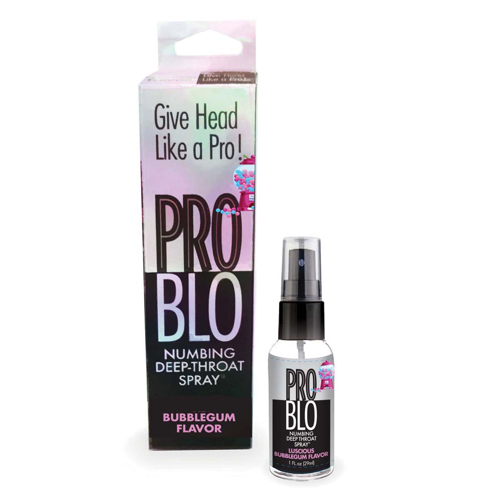 Problo Numbing Deep-Throat Spray in Bubblegum flavor with packaging.