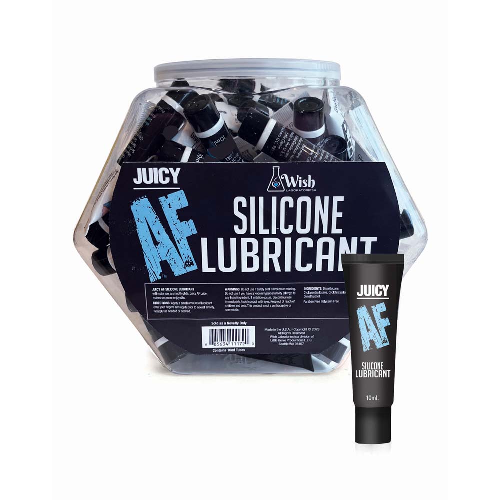 A jar of 65 Juicy AF Silicone Lubricant 10ml tubes with one tube displayed.
