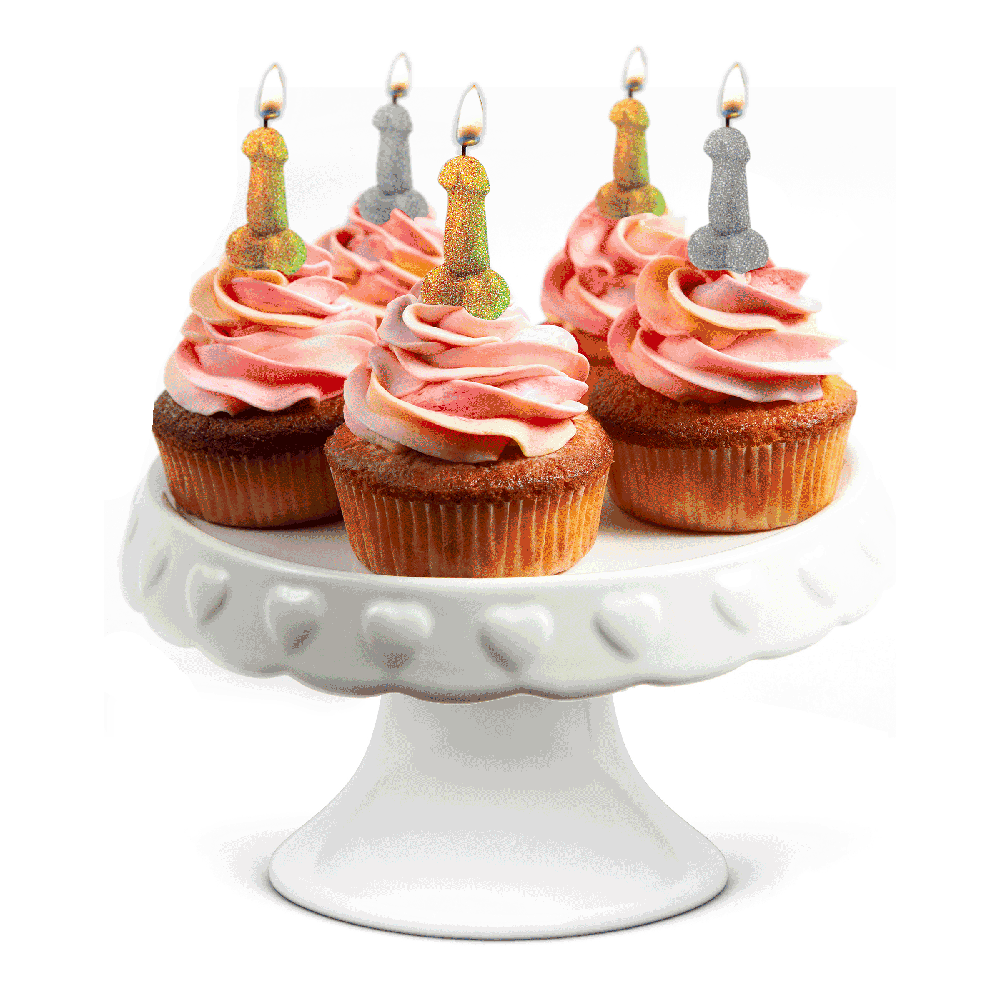 Gold and silver glitter penis candles on cupcakes.