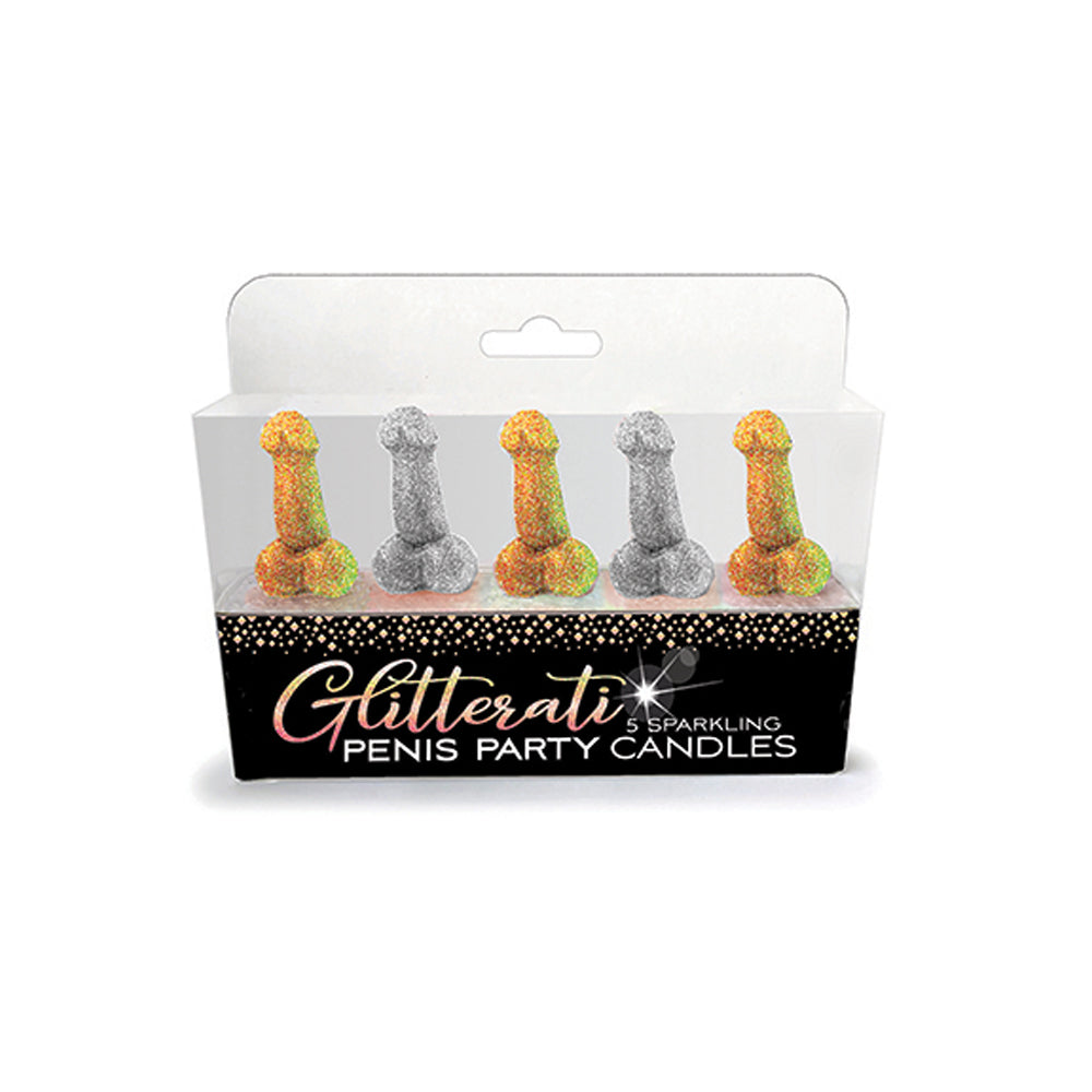 Five glitter penis-shaped candles in gold and silver.