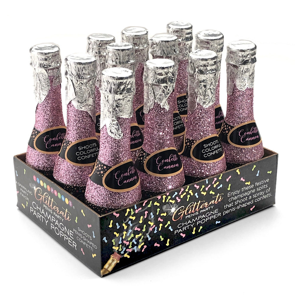 Twelve pink glitter champagne bottle shaped penis confetti poppers.