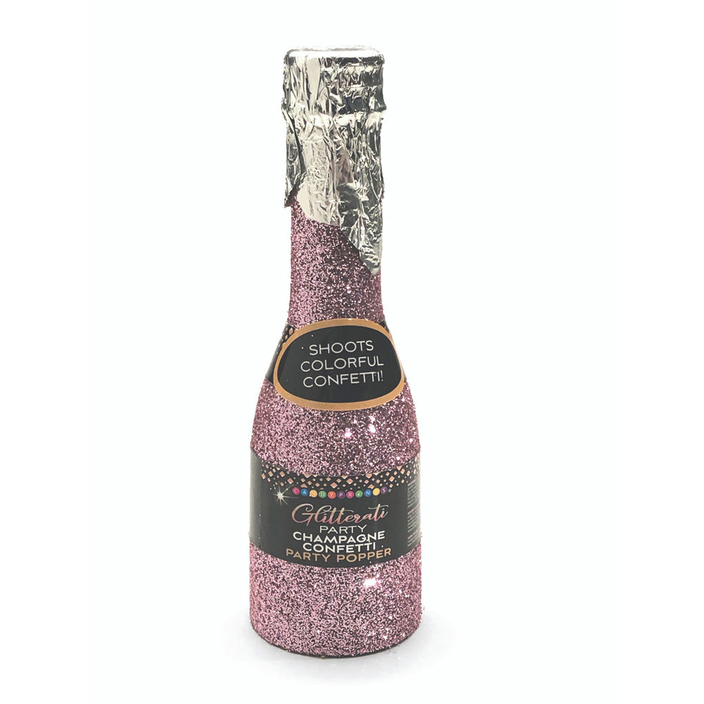 Pink glitter champagne bottle party popper with confetti.