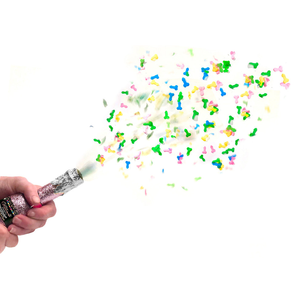Champagne penis confetti party poppers in pink, blue, yellow, and green.