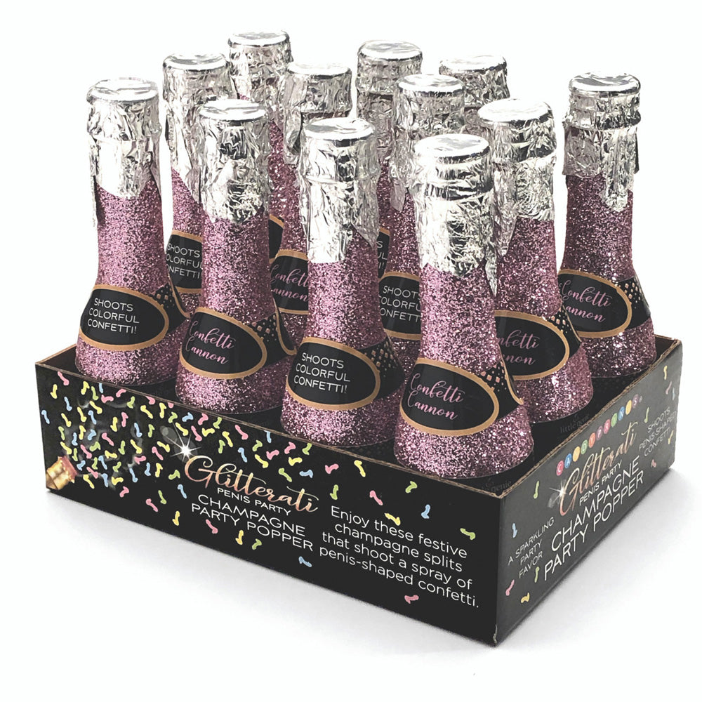 A box of 12 pink glitter penis-shaped confetti party poppers.