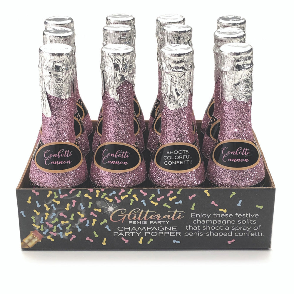 A display of 12 pink glitter champagne-shaped penis confetti party poppers.