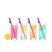 Four tall glasses of colorful drinks with novelty straws and a lemon slice.