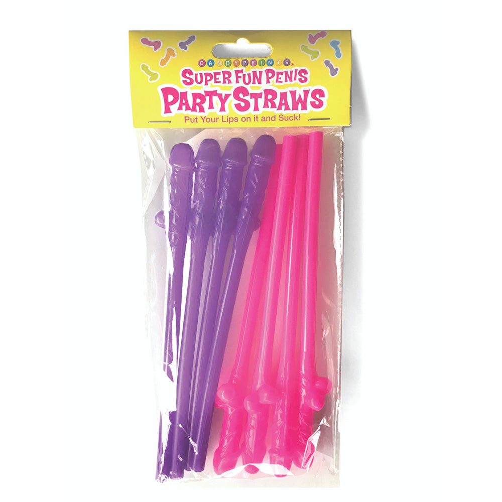 A package of eight pink and purple penis-shaped party straws.