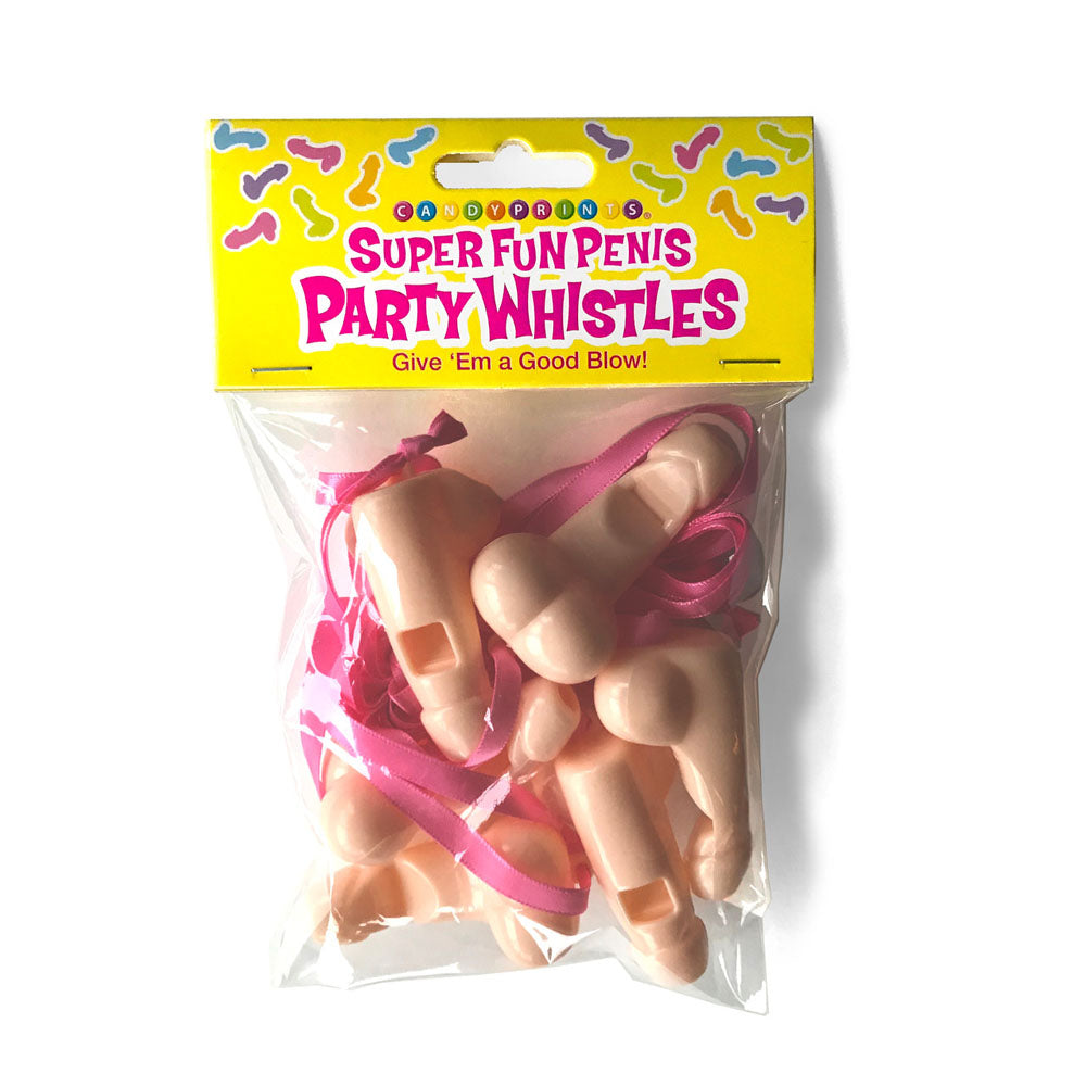Penis-shaped party whistles with hot pink lanyards.