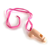 Penis-shaped whistle with a hot pink lanyard.