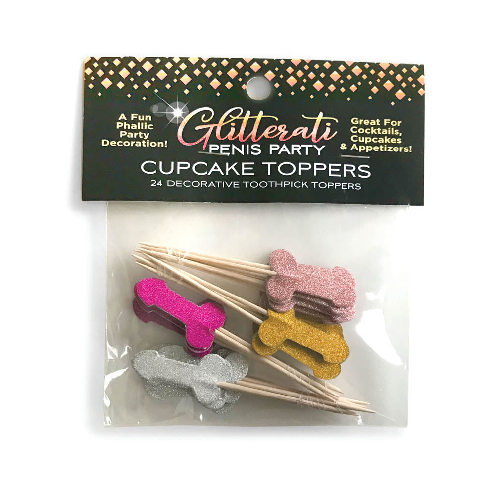 Glitter penis-shaped cupcake toppers in pink, gold, and silver.
