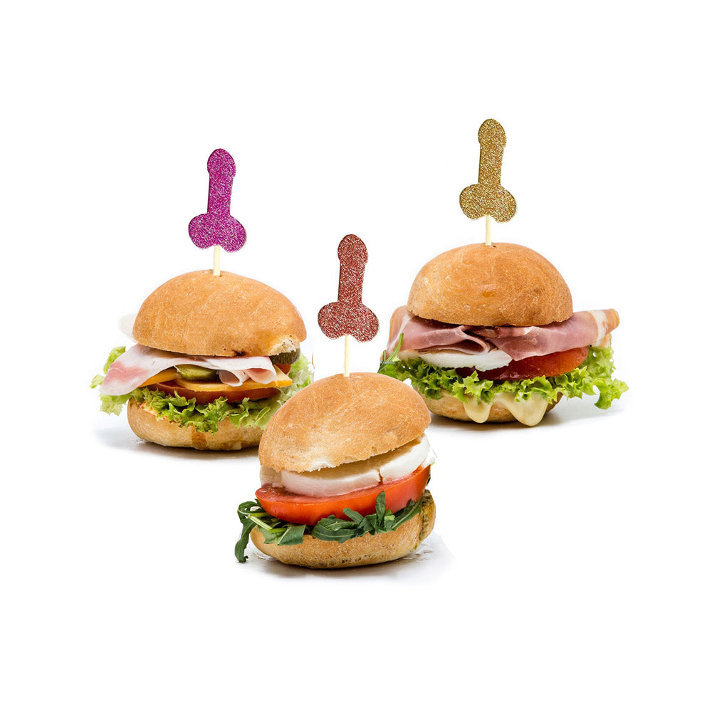 Glitter penis party picks in gold, rose gold, and purple adorn mini burgers.