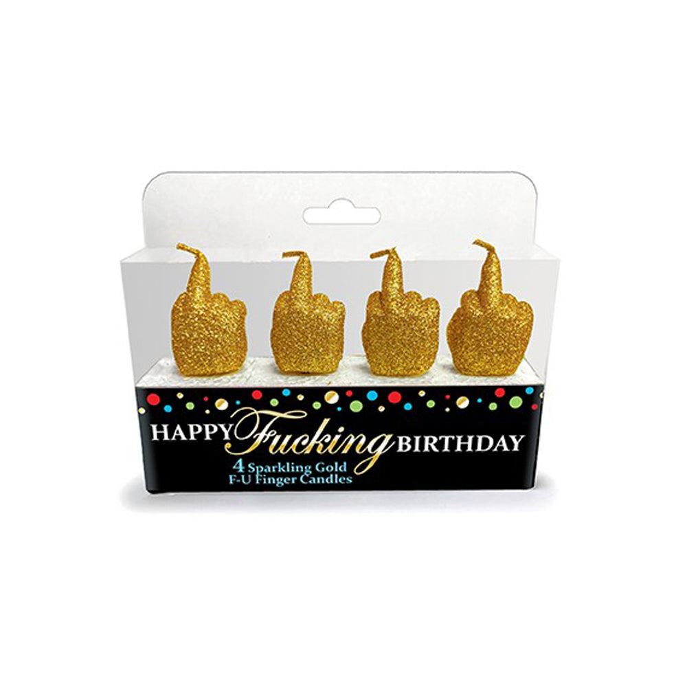 Four gold glitter middle finger shaped birthday candles in a box.