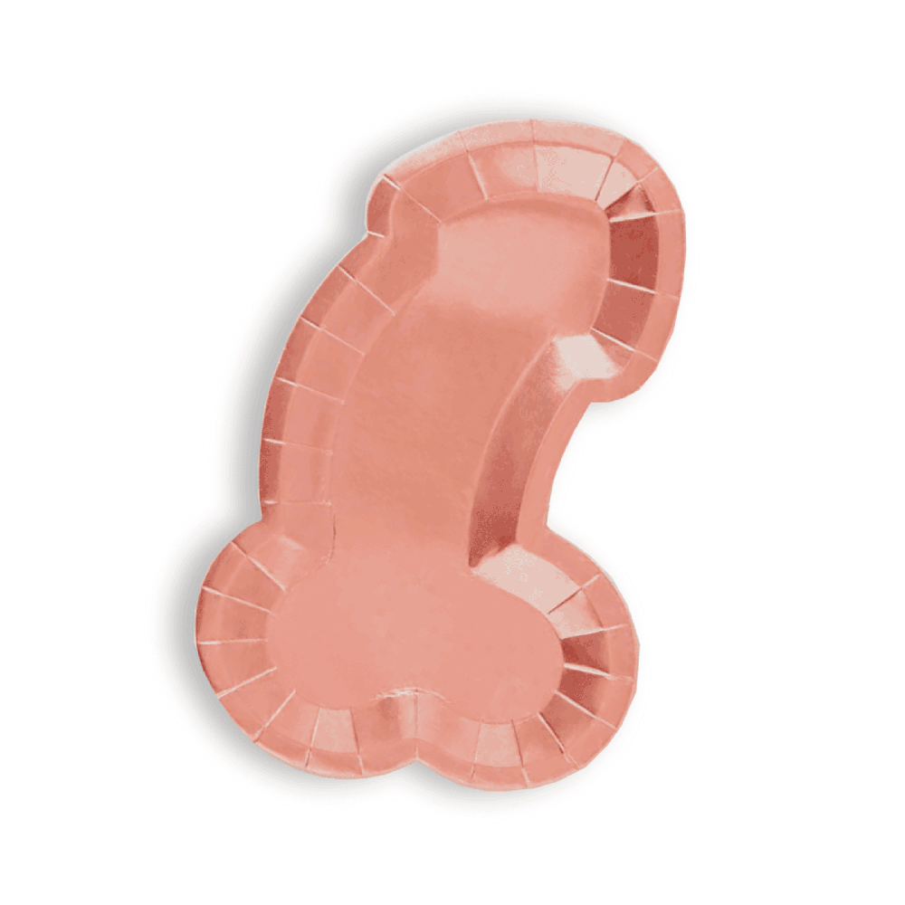 Rose gold penis-shaped paper plates with a shimmering finish.