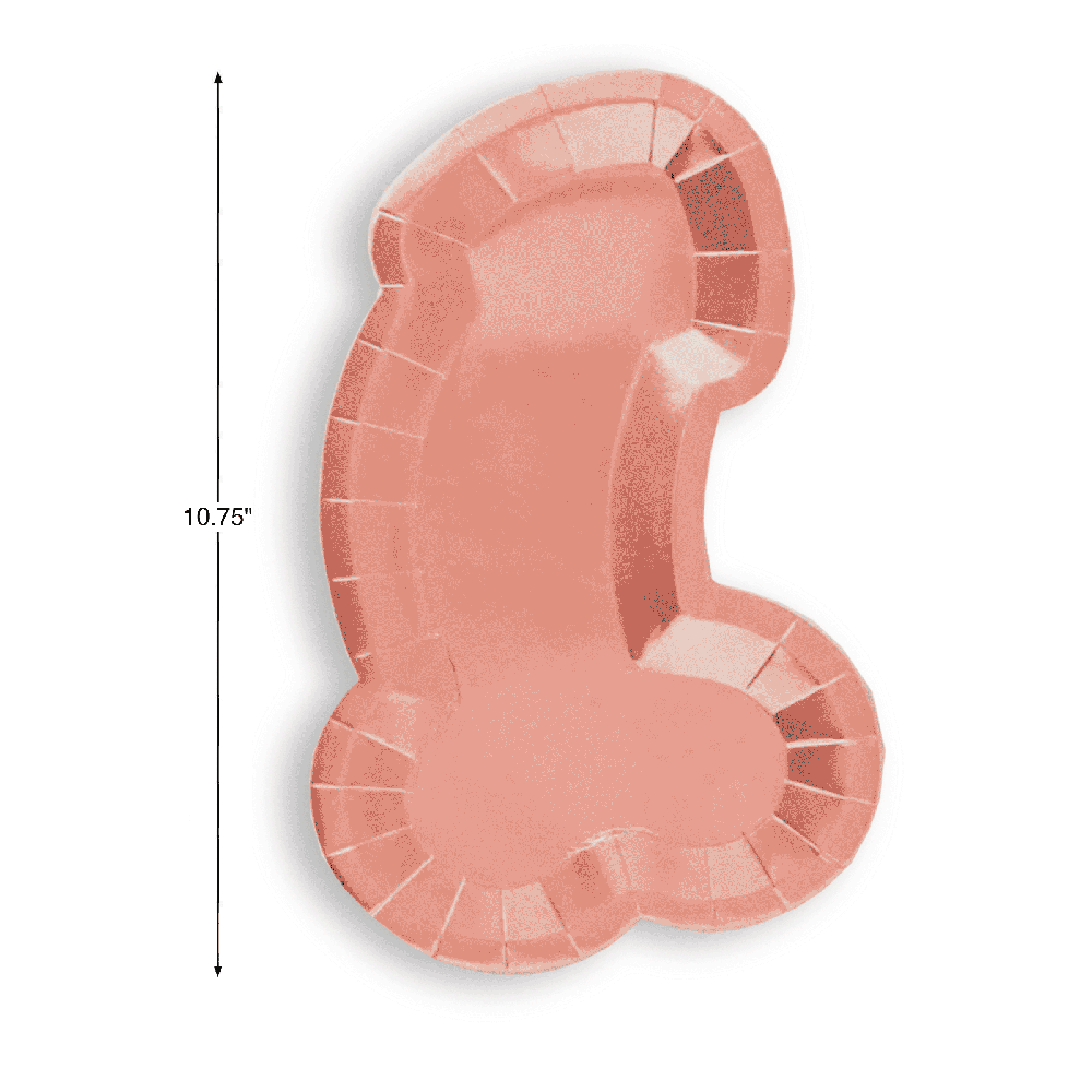Rose gold penis-shaped paper plates, 10.75 inches long.