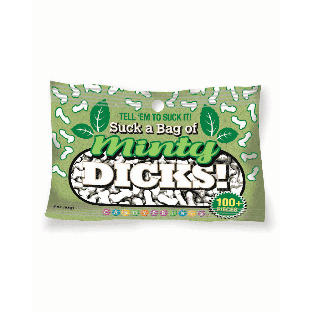 A bag of novelty mints shaped like penises with "Minty Dicks!" printed on it.