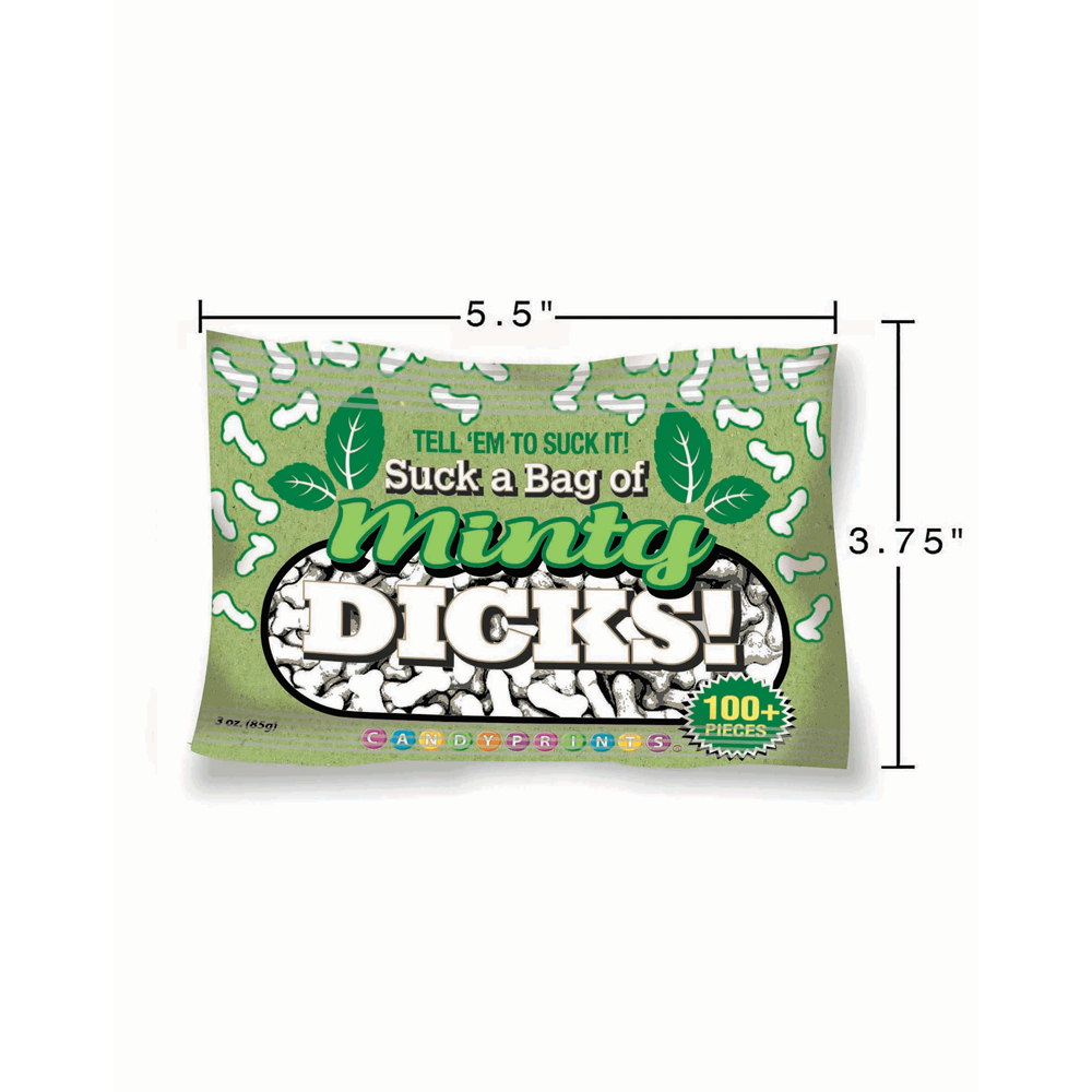Bag of penis-shaped mints with "Minty Dicks!" text.