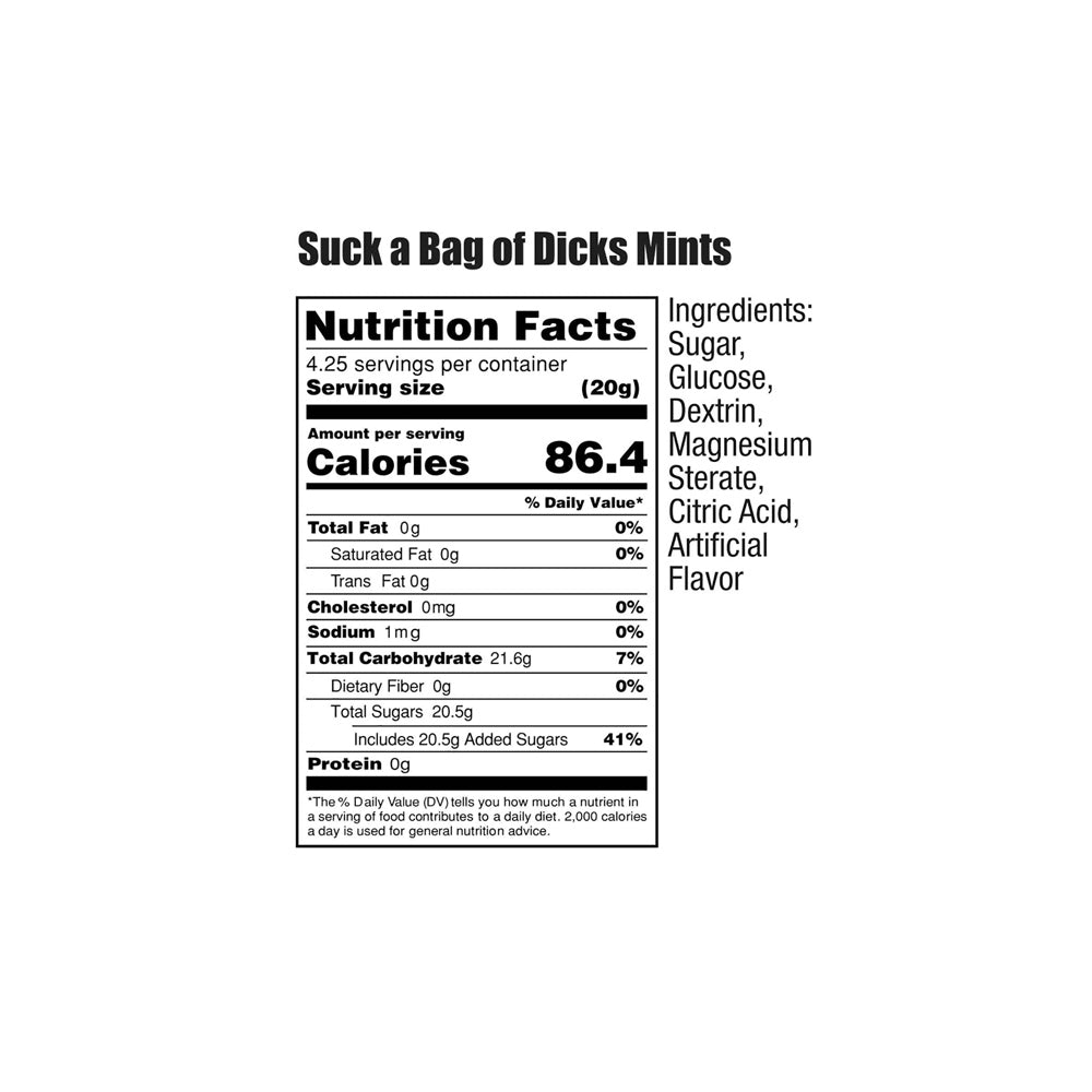 Nutrition facts and ingredients for Suck a Bag of Dicks Mints.