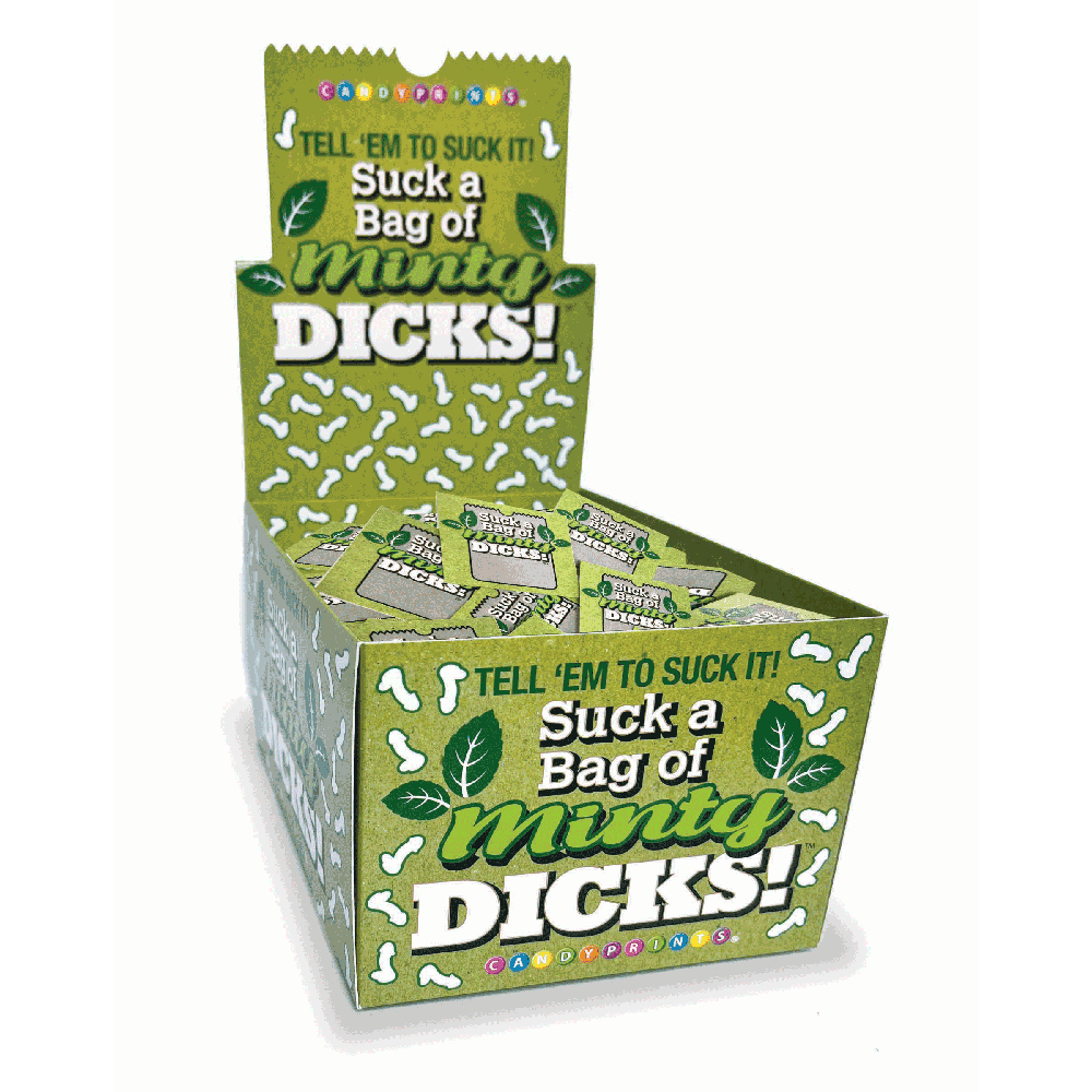 A display box of "Minty Dicks" breath mints with a green and white design.