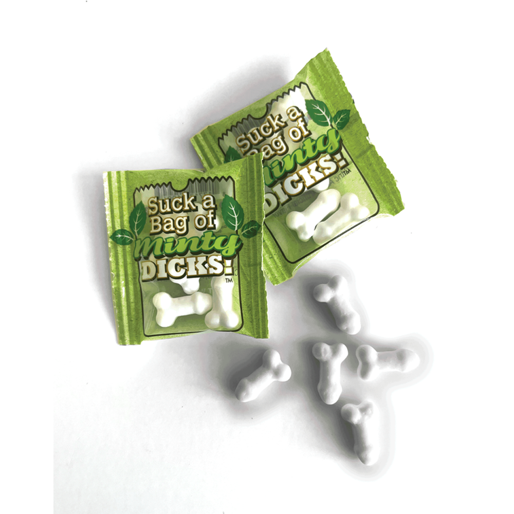 Two green packets of "Minty Dicks" breath mints with bone-shaped mints scattered around.