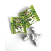 Two green packets of "Minty Dicks" breath mints with bone-shaped mints scattered around.