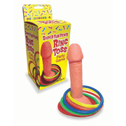 Penis ring toss bachelorette party game with inflatable penis goal and 6 colored rings.