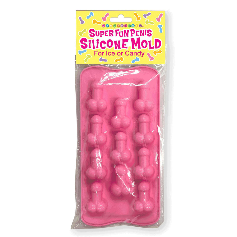 Pink silicone mold tray with 11 penis-shaped cavities for ice or candy.