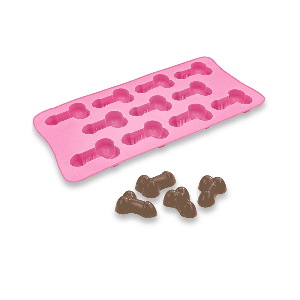 Pink silicone mold with 11 penis-shaped cavities and several chocolate candies.