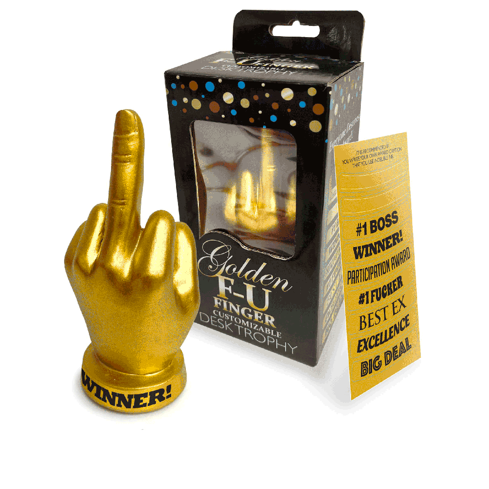 A golden middle finger trophy with "Winner" on the base and a box with "Golden FU Finger" text.