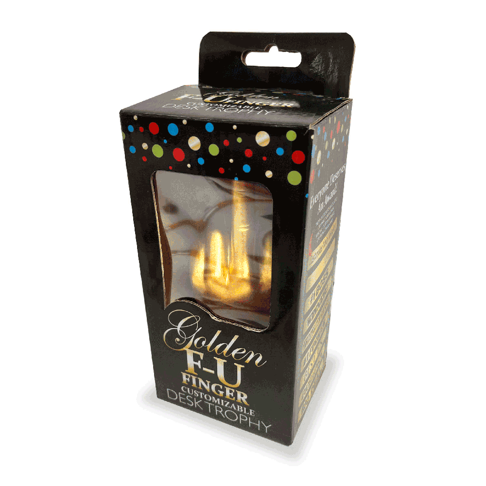Golden FU Finger customizable desk trophy in a black box with colorful dots.