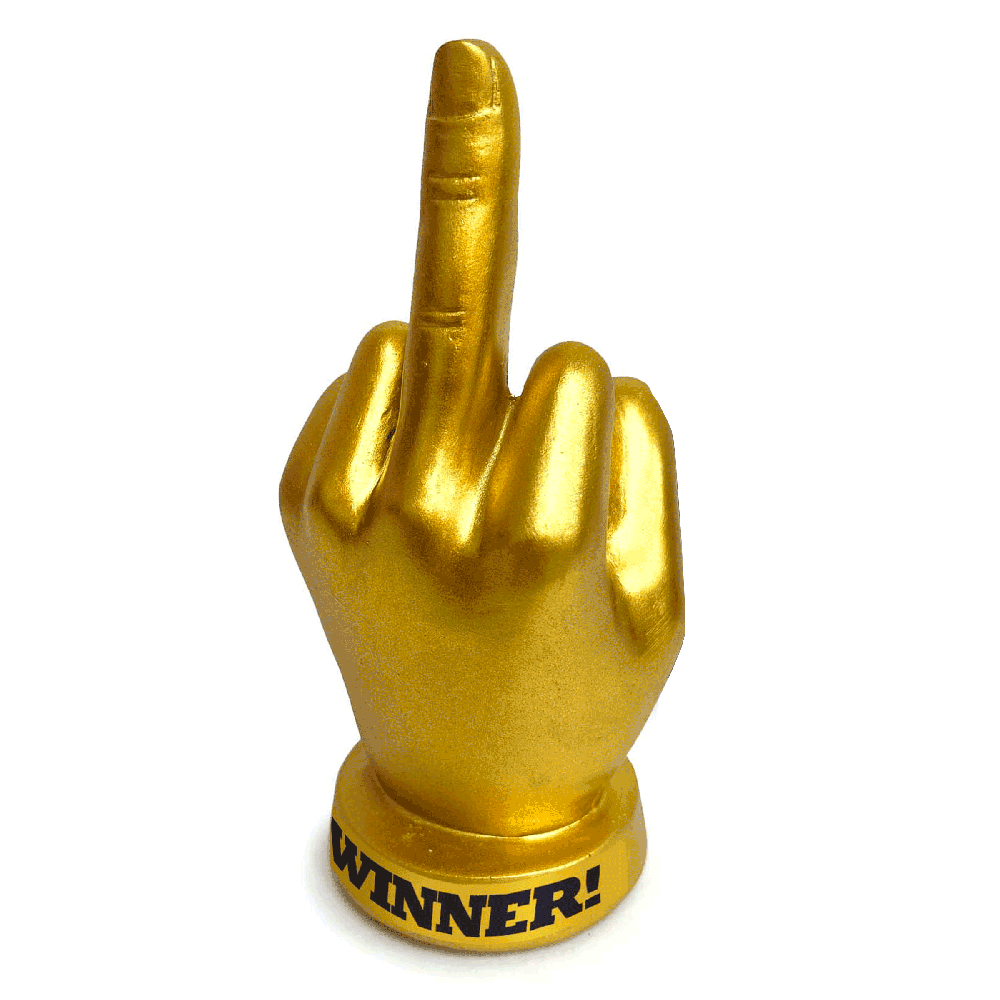 Golden trophy shaped like a middle finger with "WINNER!" on the base.