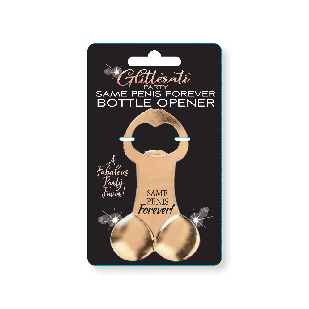 A gold-colored penis-shaped bottle opener with "Same Penis Forever" text.