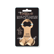 A gold-colored penis-shaped bottle opener with "Same Penis Forever" text.