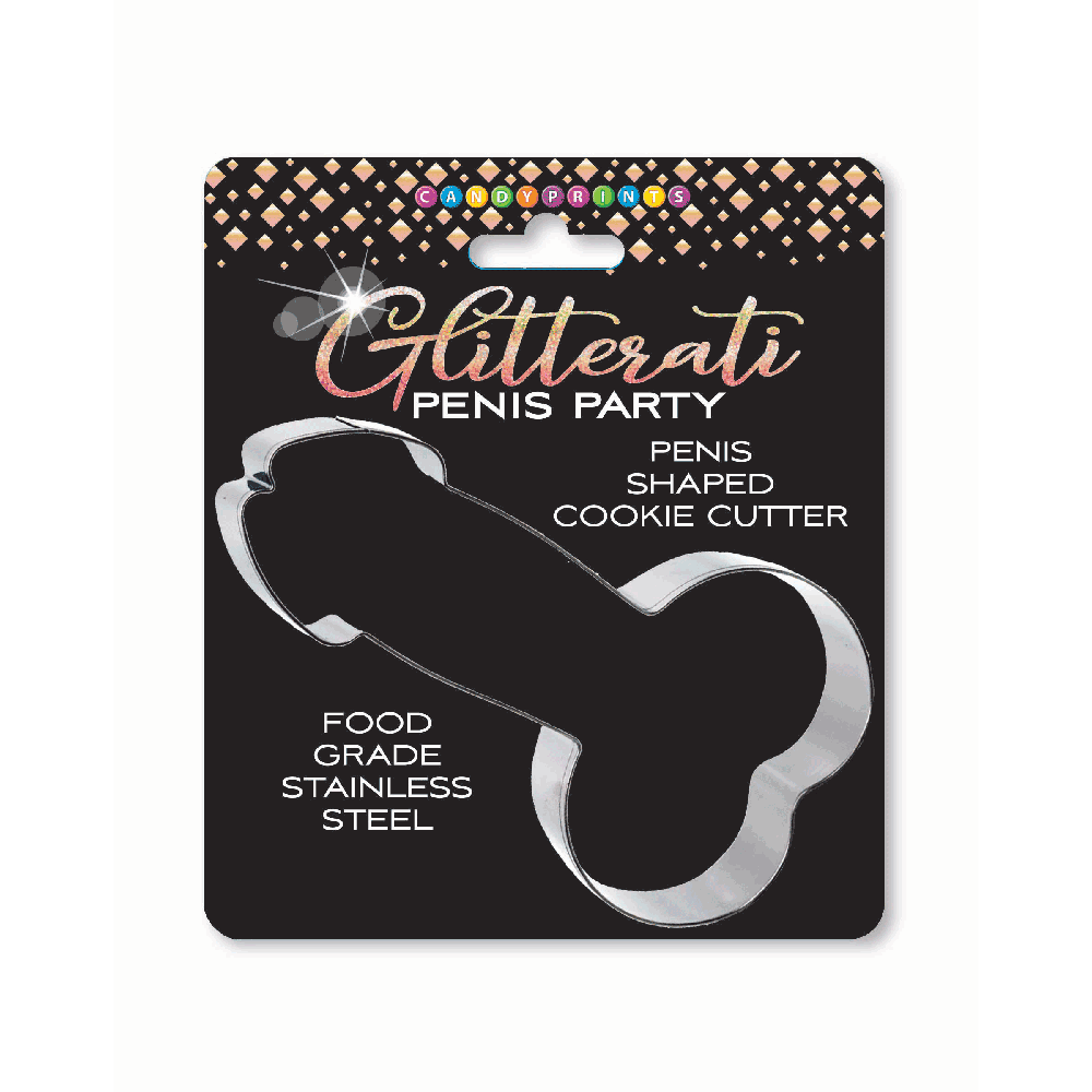 Penis-shaped stainless steel cookie cutter, 6 inches, on packaging.