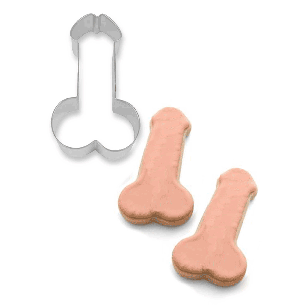6-inch stainless steel penis-shaped cookie cutter with sample baked cookies.