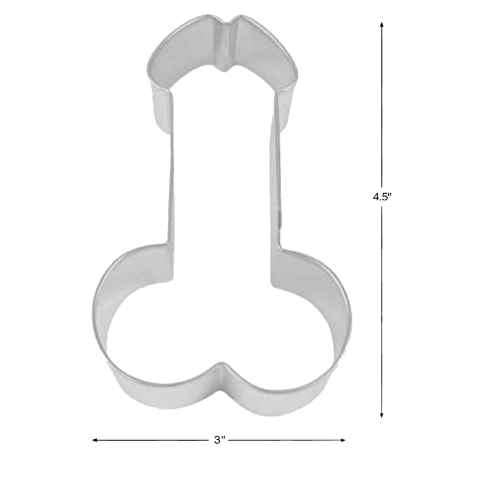 A penis-shaped cookie cutter measuring 4.5 inches tall and 3 inches wide.