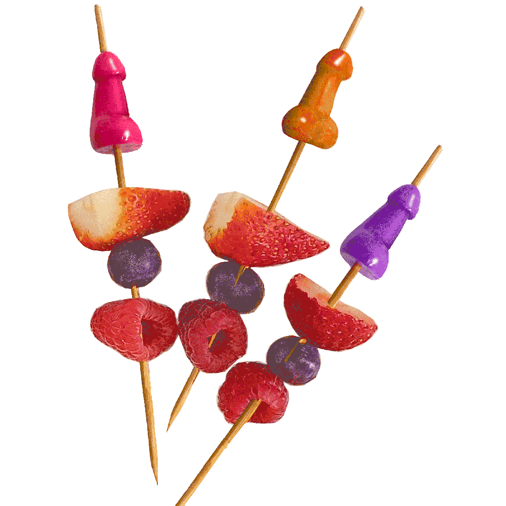 Bamboo appetizer picks with penis-shaped toppers and fruit.