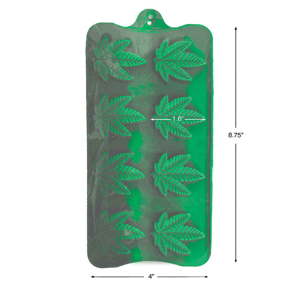 Green silicone mold tray with 11 cannabis leaf shapes.
