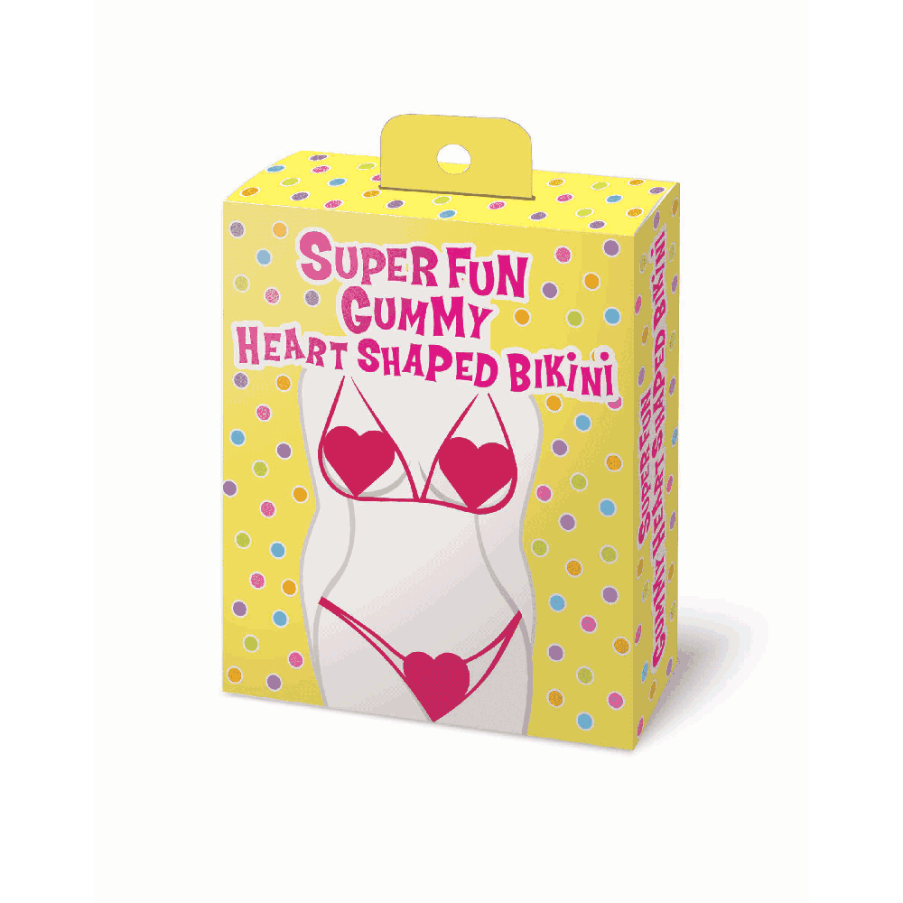 A yellow box with colorful polka dots displays a heart-shaped gummy bikini.