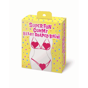 A yellow box with colorful polka dots displays a heart-shaped gummy bikini.