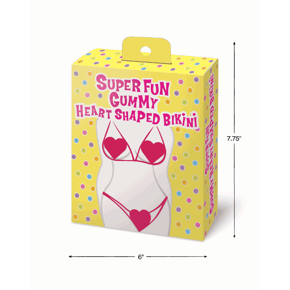 A yellow box with colorful polka dots and a heart-shaped gummy bikini design.
