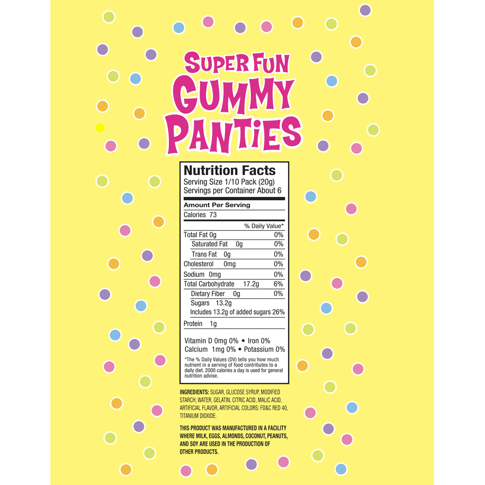 Nutrition facts label for "Super Fun Gummy Panties" on a yellow background.